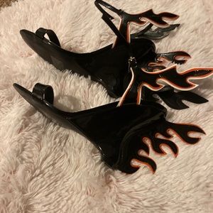 Black and orange fire open toe wedge